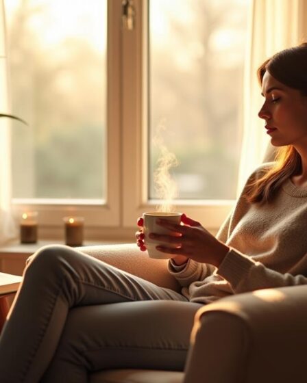 woman relaxing with warm drink in cozy sunlit living room