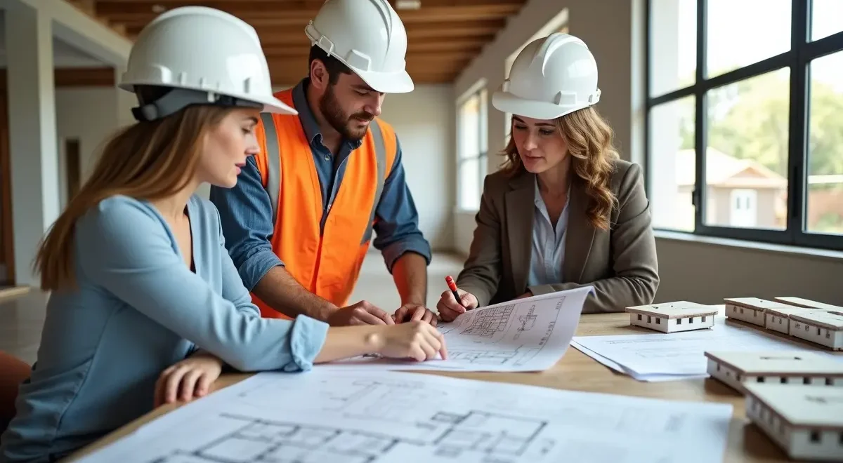 builder reviewing construction plans with new homeowners