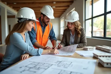 builder reviewing construction plans with new homeowners