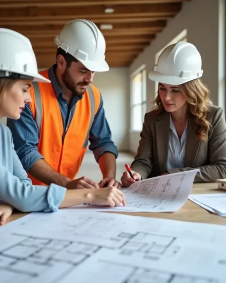 builder reviewing construction plans with new homeowners