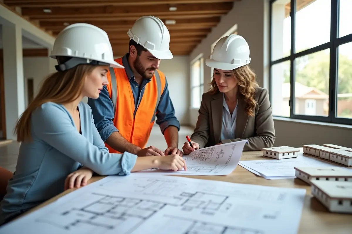 builder reviewing construction plans with new homeowners