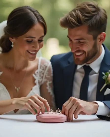 couple comparing matching wedding ring sets before their ceremony