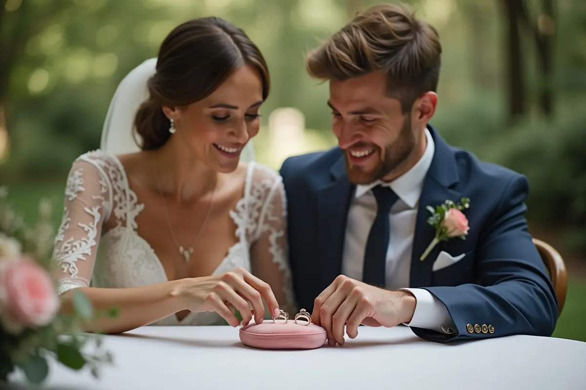 couple comparing matching wedding ring sets before their ceremony