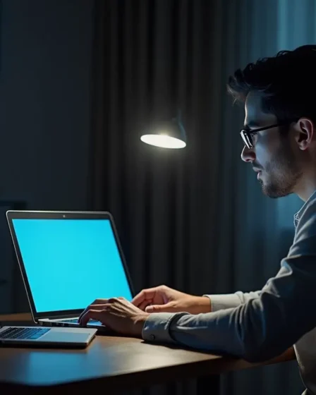 person using digital devices while protecting eyes from blue light strain