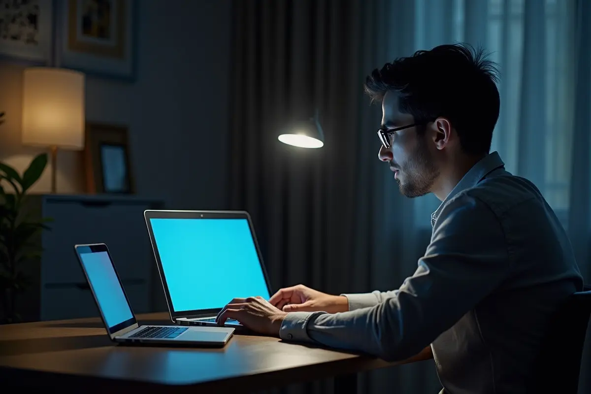 person using digital devices while protecting eyes from blue light strain