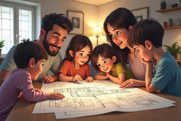 family comparing floor plans to choose the ideal large house