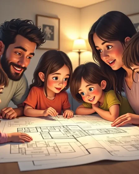 family comparing floor plans to choose the ideal large house