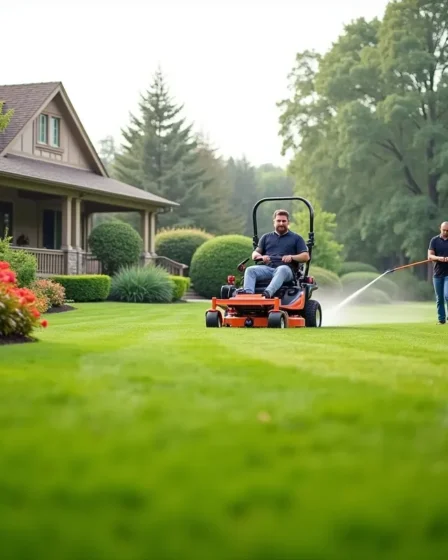 professional lawn care team maintaining healthy attractive residential yard
