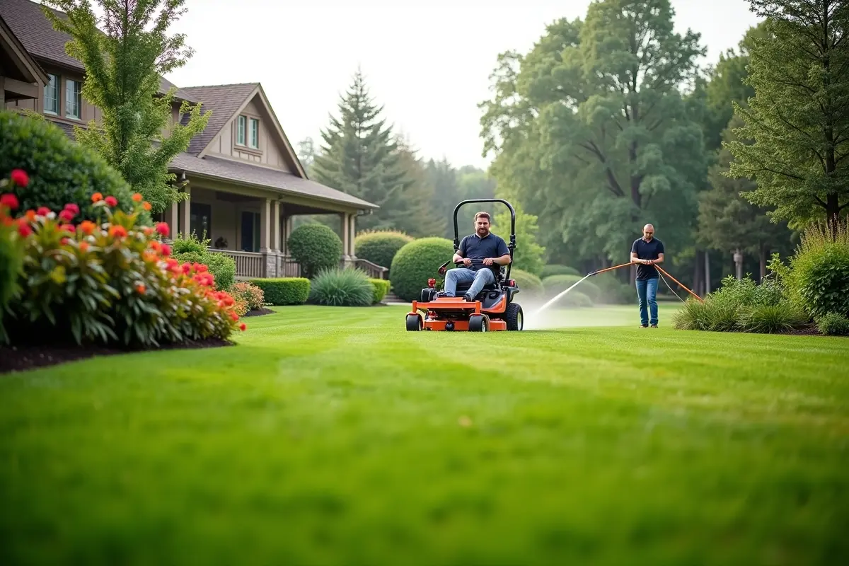 professional lawn care team maintaining healthy attractive residential yard